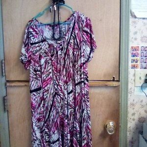 black, pink, and grey striped dress with accessories